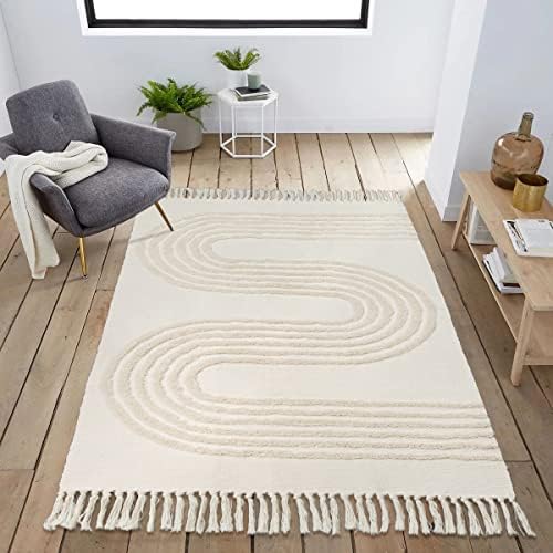 Boho Дневна соба килим 5'x7'Sashable памук килим за спална соба, беж ткаени линеарни тафтирани расадници килим со ресилички акцент на