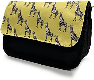 Необична кутија со молив со жирафа, рачно нацртано животно, торба со молив со ткаенини со двоен патент, 8,5 x 5,5, бледа земја жолта разнобојна