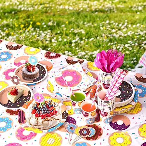 Управи за роденденска забава Tacgea Donut - Декорации за роденденска забава од 146 парчиња - плочи, чаши, салфетки, топи и обвивки за кекс, среќен роденден, комплет за чаршаф