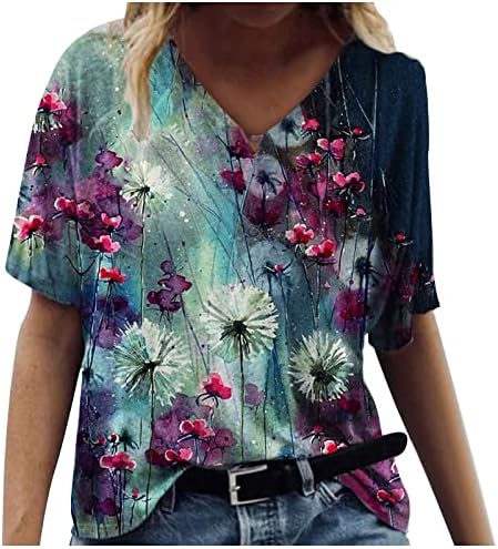 Плус големина на врвови за жени, облечен лето, излегувајќи кратки ракави гроздобер маици, обични цвеќиња, симпатична врвна лабава кошула