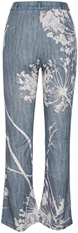 Високи фармерки за жени за жени 2023 летно копче Флорал печатење тексас на дното на bellвончето, панталони со права нозе