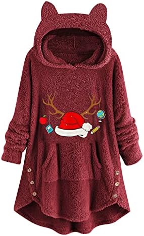Akенски женски ќебе со асклиан, долги ракави на долги ракави, симпатична Божиќ, печати џемпер, палто зима топла плус големина случајна џемпер