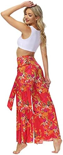 Бохо панталони за жени лето цветни широки нозе панталони високи половини лабави обични плажа палацо панталони женски боемски ремени панталони