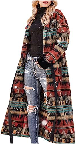 Елегантен долг палто за ровови за женски ров палто западен ацтек геометриски печатени грашок палта единечни јакни со топла волна на дојка