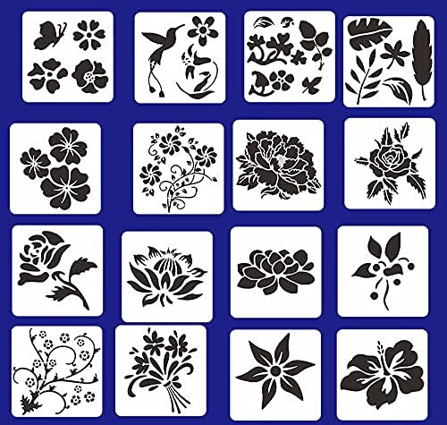 16 парчиња серии на цвеќиња од цвеќиња, матрици пластични сликарки матрици DIY уметнички занаети шупливи за цртање образец за еднократно