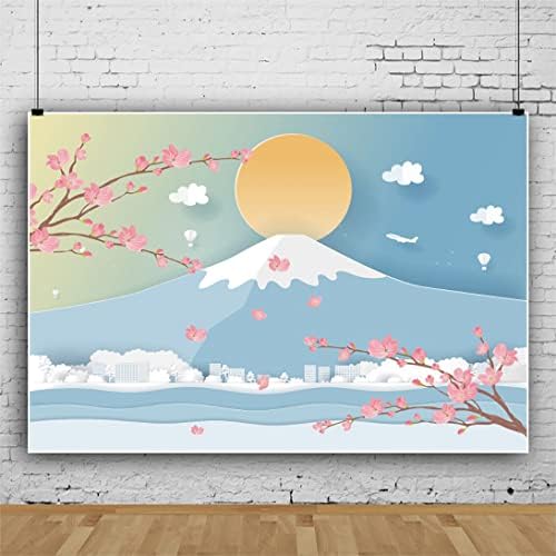 Dorcev 20x10ft цртан филм јапонски фуџи планински позадини розови цреши цвеќиња жолто сонце фотографија позадина Јапонија тема забава фото