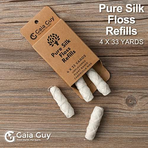 Gaia Guy Silk Dental Floss Refill | Неомилена природна свила | 4 лажици x 33yds | Компостибилна, одржлива и биоразградлива свилена конец за пакување и еколошка пакување