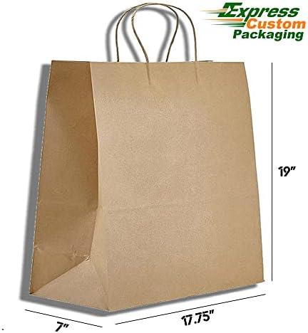 Екстра големи кеси за хартија Крафт со рачки, 17,75 x 9 x 19 , торби за купување тешки за намирници, малопродажба, услуга за храна,