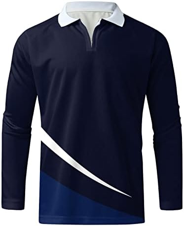 Zddo Mens Polo кошули со долг ракав патент јака голф врвови паѓаат тенок фит мускулен шарен крпеница обична тениска маица за тенис