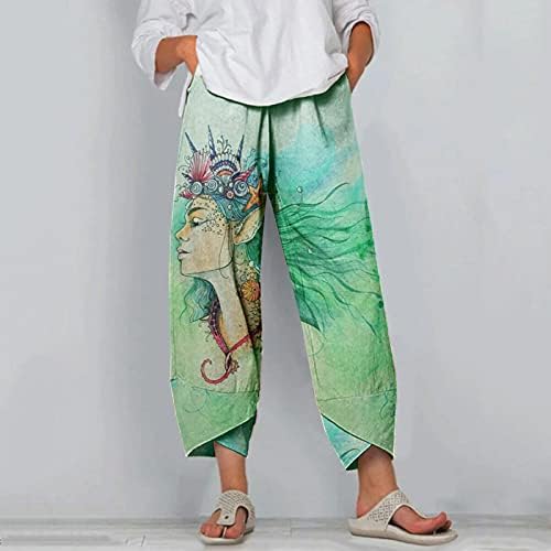 Летни постелнини панталони за жени летни памучни постелнина панталони цветни печати со висока половината на плажа Капри Пант со џебови