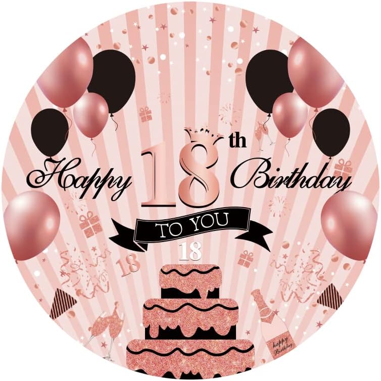 Yeelle 6.5x6.5ft Среќна 18 -та роденденска рунда позадина за девојки роза црни балони конфети торта розови ленти роденденска забава фотографија