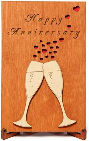 Рејјук Среќна годишнина од дрвена картичка со штанд. Годишнината на свадбата на дрво, присутна за него, сопруг или неа, сопруга. Рачно изработено.