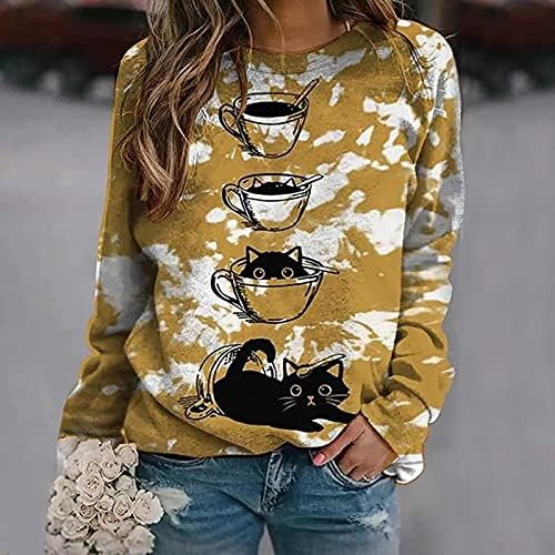 Џемпери за жени Симпатична мачка печати графички пуловер пад на долги ракави врвови обичен подарок за мачки lубовници кошули блузи