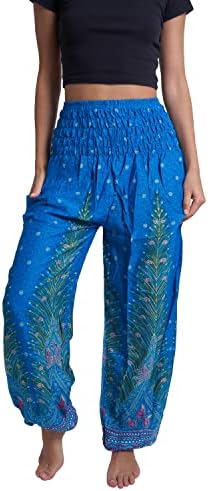 Mnz Bohemian Harem Pants, високи половини јога панталони со дизајн на паун, летна хипи/харем облека за жени