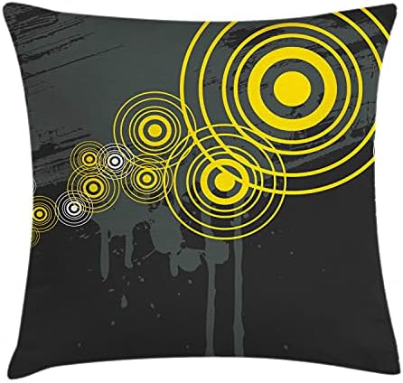 Ambesonne Grey и жолто фрлање перница за перници, музички уличен дизајн инспирирани геометриски внатрешни кругови Слика, декоративен