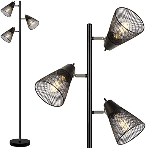 Зајакнување Индустриска Подна Ламба,Стоечка Светилка, Подна Ламба На Дрво со 3 Прилагодливи Ротирачки Светла, Независна Контрола, Вклучена