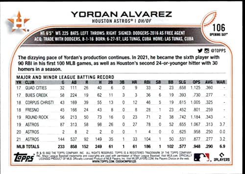 2022 Ден на отворање на Топс 106 Јордан Алварез Хјустон Астрос МЛБ Бејзбол Трговска картичка