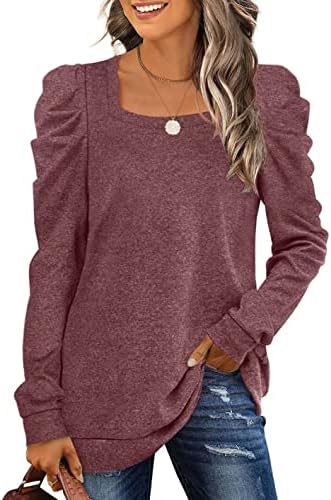 Eadinve Womens Long Sweever Sweetshirt Casual Square Reck Puff Tunic Топ за хеланки лабаво вклопување