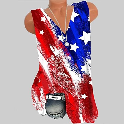 QCEMENI 4 -ти јули резервоарот за жени за жени Денот на независноста кошули Американски знаме Туника V вратот без ракави блуза Обични