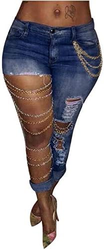 Модни жени слаби фармерки цврсти тенок тексас дупка искината ланец голема дупка Jeanан долга шуплива панталони каросериски пантолони со моливчиња