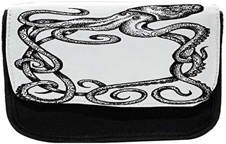 Необичен случај со молив во октопод, стил на скица на морски beвер, торба со молив со ткаенини со двоен патент, 8,5 x 5,5, црно бело