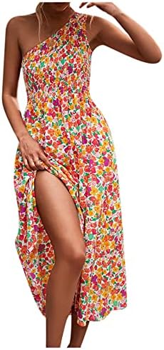 Фрагрен цветен фустан, женски летен наклонет ракав на рамото, цветно печатење на плажа, фустан од плажа