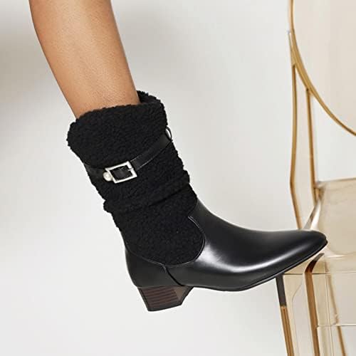 Зимски чизми за глуждот за жени обична цврста боја зашилена со средна кадифена памучна чизми мода густа потпетица топла витез