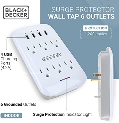 Black+Decker Surge Protector Wallид монтирање со 6 заземјни места, 4 USB порти за полнење, елегантен адаптер за напојување и