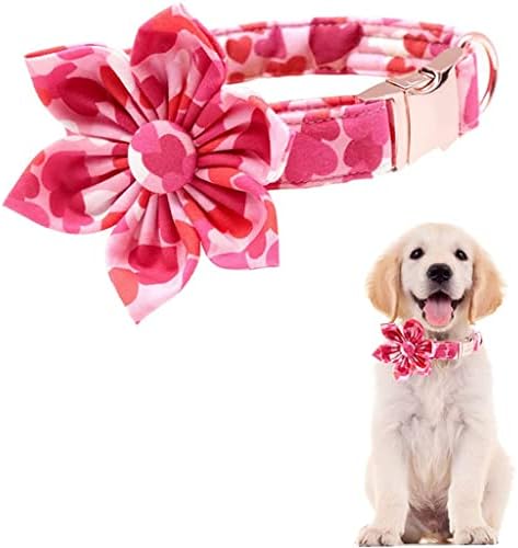 Hfdgdfk Валентин јака од розово срце куче со лак -вратоврска цветна јака за кучиња за големо средно мало куче