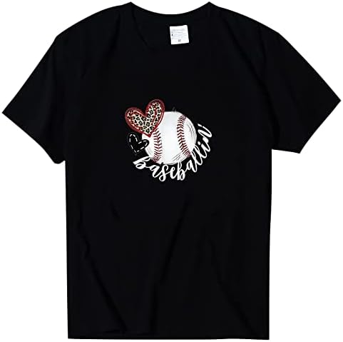 Симпатични бејзбол кошули за жени бејзбол срце екипаж на вратот со кратки ракави со кратки кошули со обични лабави вклопувани врвови на блуза за блуза