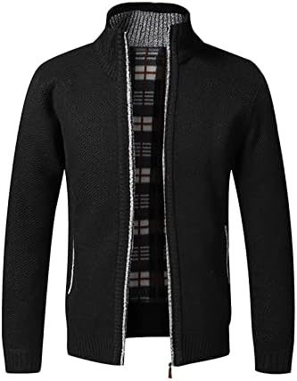 Менс обична џемпер јакна тенок фит стол за надворешни работи карирани карирани облоги за плетење со долги ракави топло руно на отворено јакни