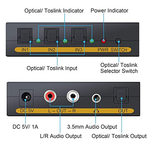 Дигитален аудио декодер на аналоген конвертор прекинувач TosLink/SPDIF Оптички аудио прекинувач 3 во 1 Out SPDIF Switcher 3x1