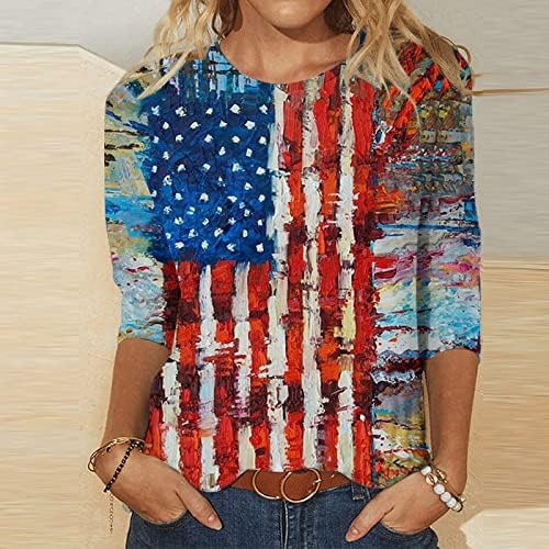 Американско Знаме 4 јули Маица Обична Пуловер Со Тркалезен Врат Со 3/4 Ракави Ѕвезди Ленти Графички Патриотски Кошули