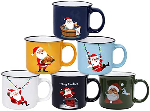 Сет од 6 кригла со кафе Поставете голема големина 14 унца Божиќна тема, керамички чаши за кафе и сет од 6 кригла со кафе, поставени