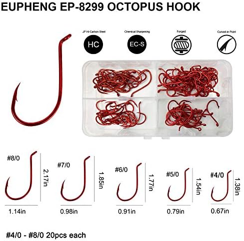 Еуфенг 100 парчиња октопод клун Асортиман 8# до 9/0# Куки за риболов Висока јаглероден челик црна никел црвена голема вредност пакет