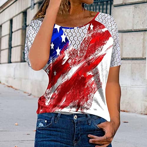 Денот на независноста кошули за жени чипка кратка ракав блуза летна случајна удобна кошула трендовски блуза од 4 -ти јули блузи врвот