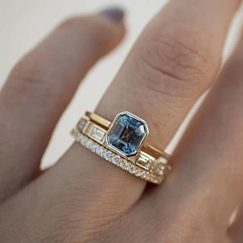 2023 Нови креативни модерни и женски прстен вметнати три парчиња кристално злато-позлатени сини морски прстени со големина 14