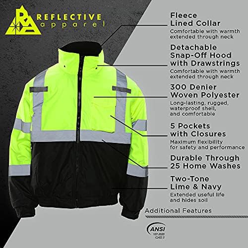 Рефлексивна облека со голема видливост Безбедност на бомбардерска јакна - ANSI Class 3, отстранлив аспиратор - вар/црна боја
