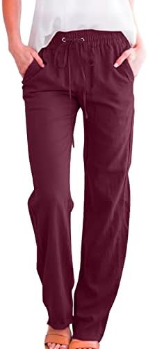 Ethенски жени Постелни панталони широки нозе еластични половини со лесен постелнина панталони панталони со џебови женски панталони