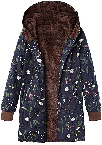 Палта за жени јакни за жени зимска топла надворешна облека цветни печатени џебови со качулка гроздобер преголеми палта