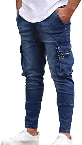 Маифу-ГJ Машки тенок фит мулти џебови фармерки слаби истегни тексас моливи пантолони странични џеб хип хоп хоп