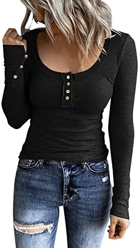 Aniywn дами копче за раздвојување тенок фит маица со долга ракав, цврста боја жени основни врвови на пулвер, врвови за врвови