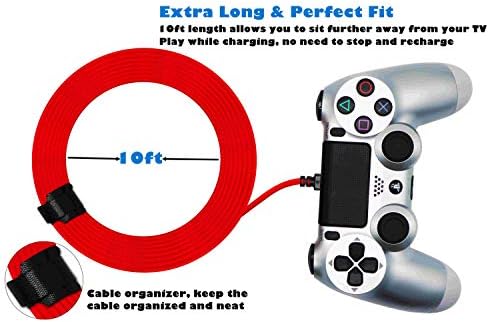 Кабел за полнење на контролор PS4 Controller, 2 пакет 10FT најлон плетенка и кабел за полнење кабел со прилагодено микро USB конектор за