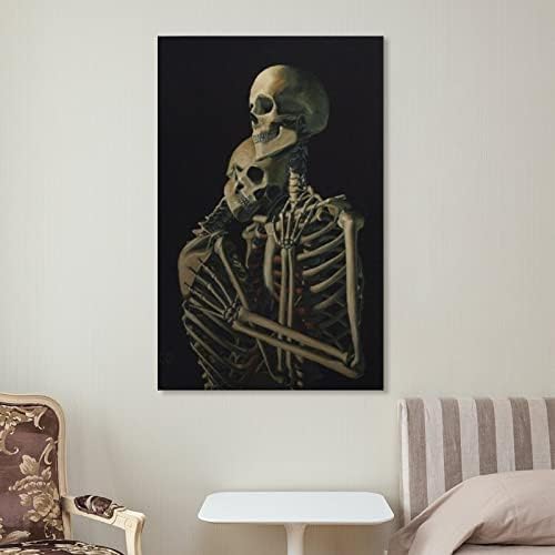 Двојка со скелети што гушкаат платно wallидна уметност, сликање на скелети платно, печатење на череп платно, надреална конзерва платно