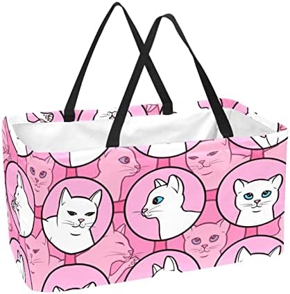 Кошница за еднократно шопинг, симпатична розова бела мачка преносна виткање пикник намирници кеси за перење алишта за торба за торба за купување