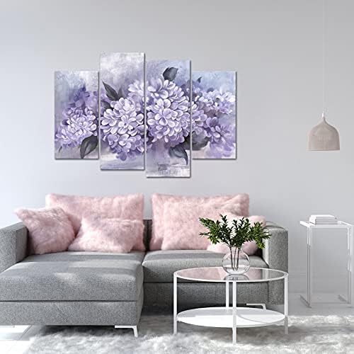 Artsbay Големи 4 парчиња виолетова цветна wallидна декор за бања дневна соба блиску до цветна цвет цвет рустикална слика платно печатење