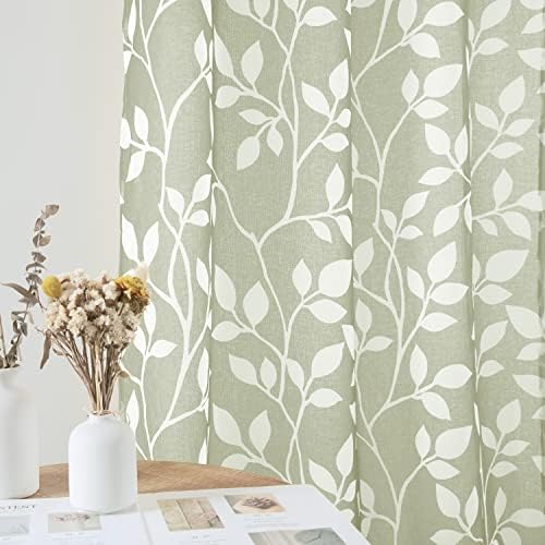 Sage Green Boho завеси од 84 инчи должина за дневна соба сет 2 панели, природен лист цветно дрво гранка боемски дизајн во форма на неутрални