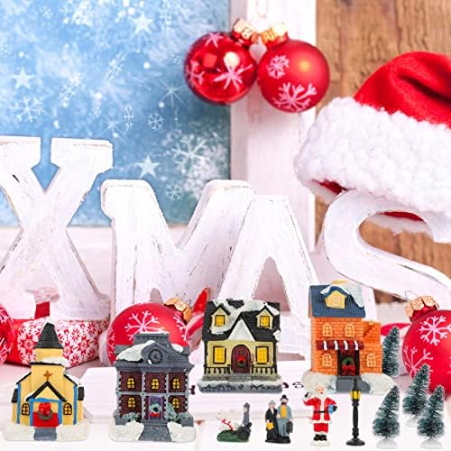 Запостави 12 парчиња смола Божиќна сцена селски куќи поставени предводени осветлени божиќни селски куќи со Дедо Мраз фигурини