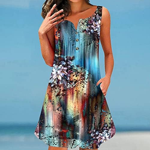 Lutmen'sенски летен фустан моден печатење без ракави V вратот на копчето Врв фустан со џебови со средни обични фустани за одмор на плажа