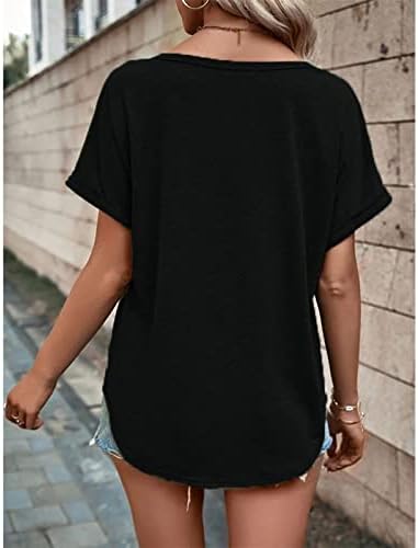 Есен летен маица дами со кратки ракави памук V вратот копче надолу на обична кошула за блуза за тинејџерски девојки 6x 6x